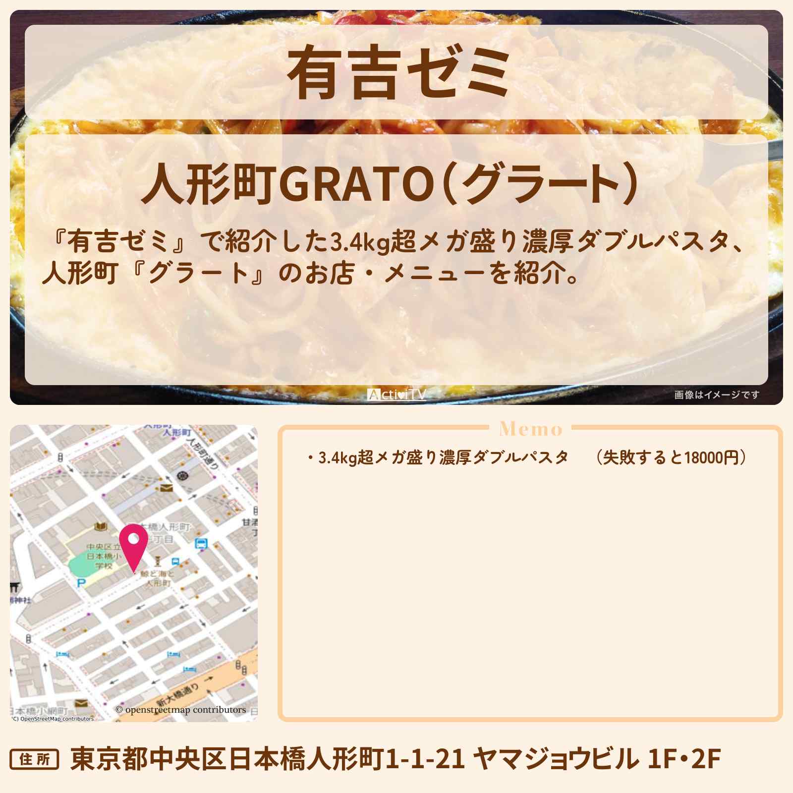 【有吉ゼミ 3.4kg超メガ盛り濃厚ダブルパスタ】人形町『グラート』のお店・メニューを紹介「ギャル曽根 vs チャレンジグルメ」2023/6/26放送