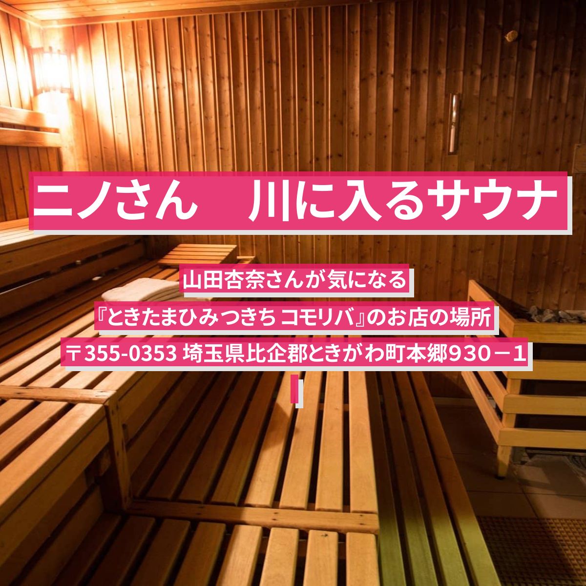 【ニノさん】川に入るサウナ　山田杏奈　埼玉県ときがわ町『ときたまひみつきち コモリバ』の場所