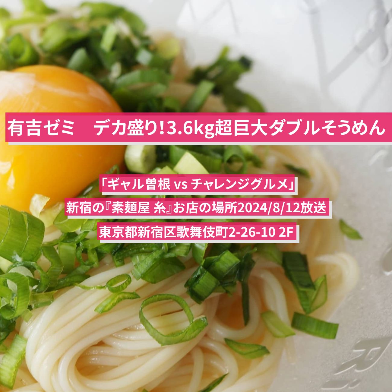 【有吉ゼミ】デカ盛り！3.6kg超巨大ダブルそうめん『素麺屋 糸』新宿のお店の場所「ギャル曽根 vs チャレンジグルメ」2024/8/12放送