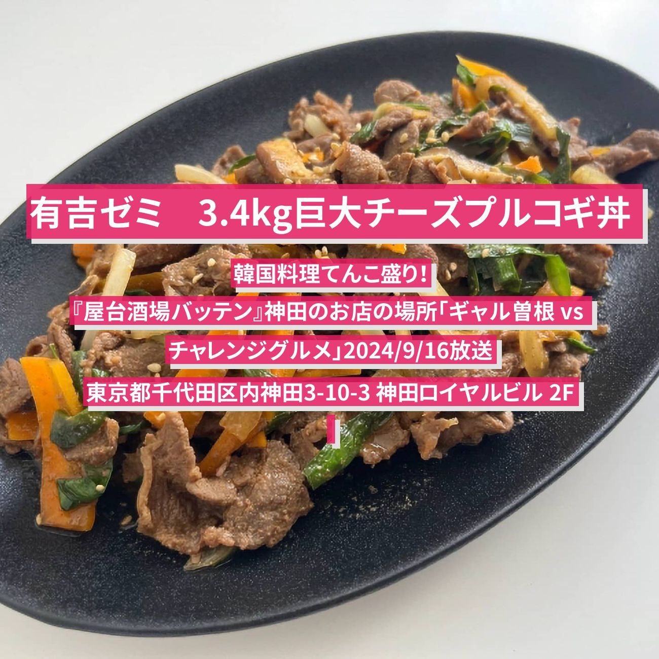 【有吉ゼミ】3.4kgデカ盛り！巨大チーズプルコギ丼『屋台酒場バッテン』神田のお店の場所「ギャル曽根 vs チャレンジグルメ」2024/9/16放送