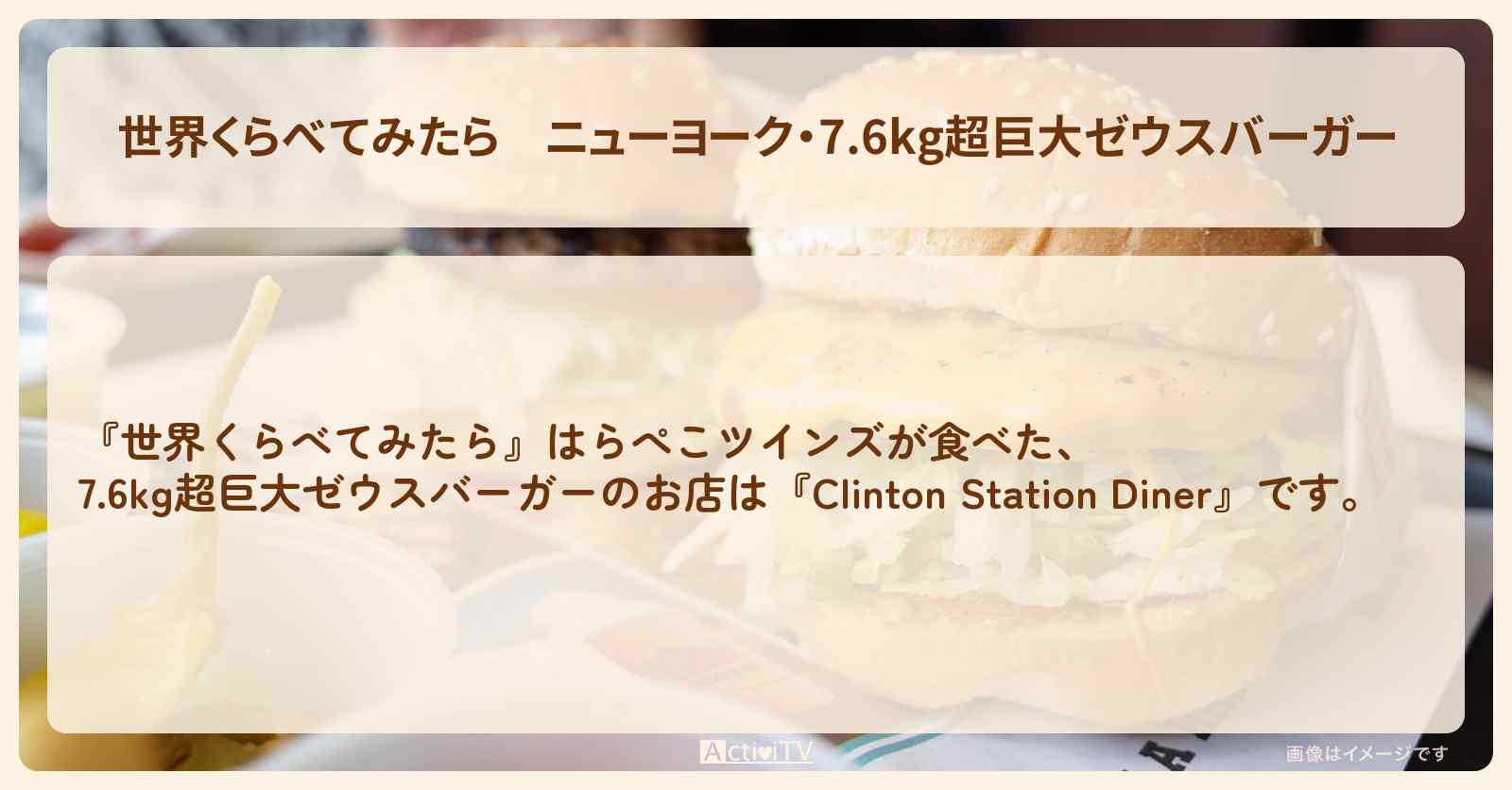 【世界くらべてみたら】ニューヨーク・7.6kg超巨大ゼウスバーガー　はらぺこツインズ『Clinton Station Diner』のお店の場所