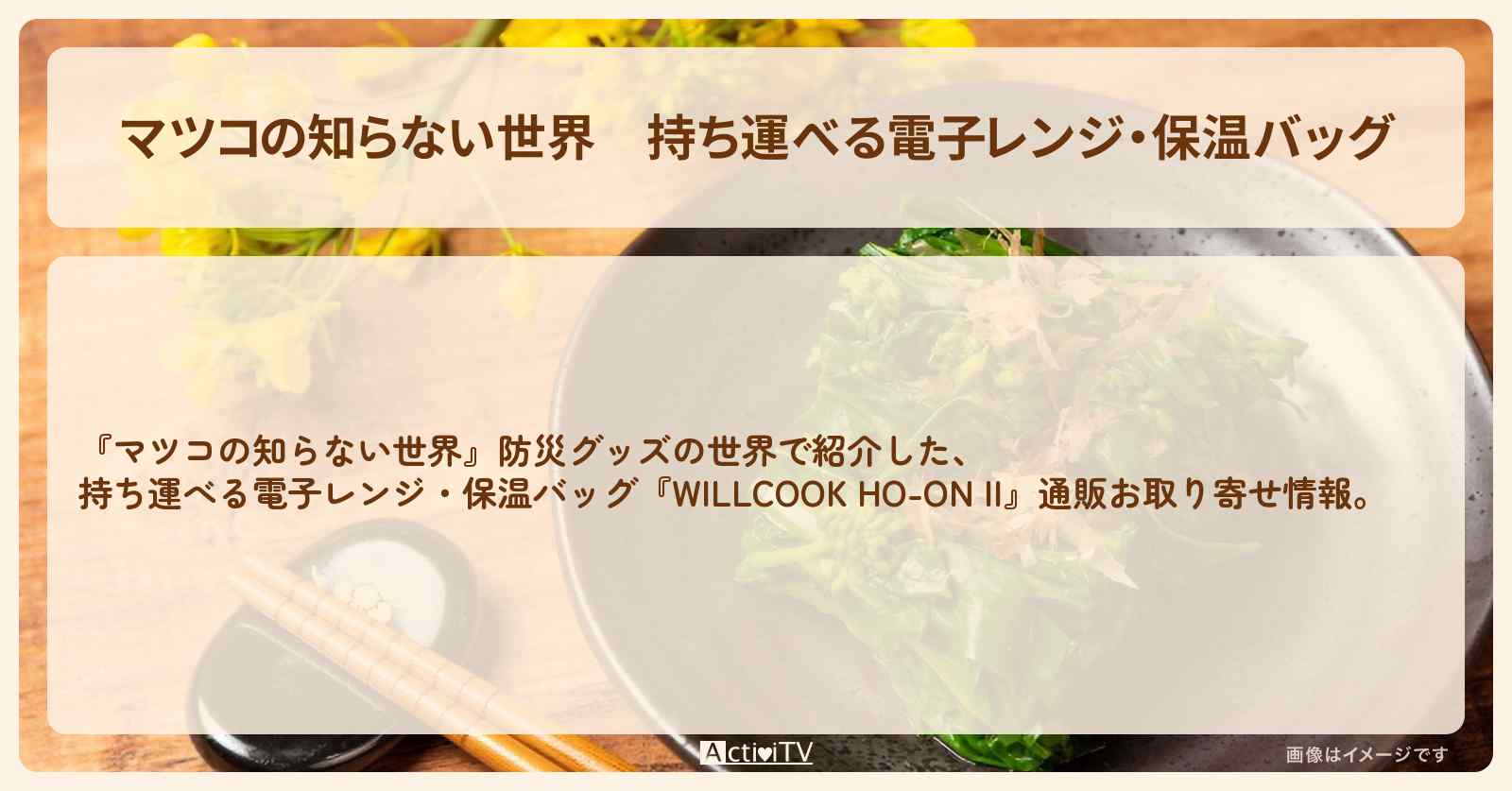 【マツコの知らない世界】持ち運べる電子レンジ・保温バッグ『WILLCOOK HO-ON II』防災グッズの通販お取り寄せ