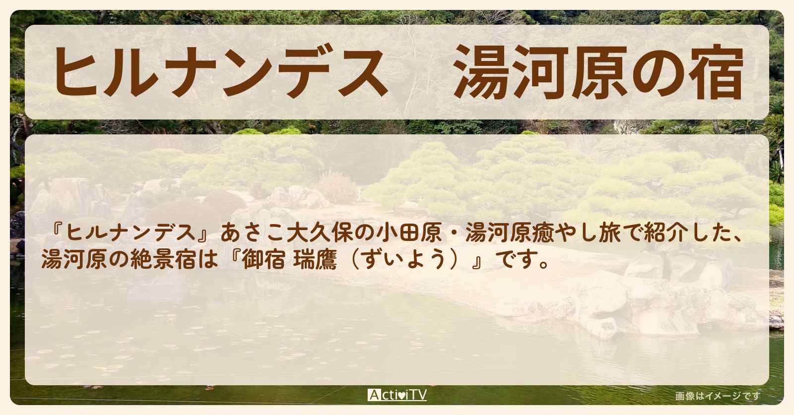 【ヒルナンデス】湯河原の宿『御宿 瑞鷹（ずいよう）』の情報を紹介〔いとうあさこ・大久保佳代子〕