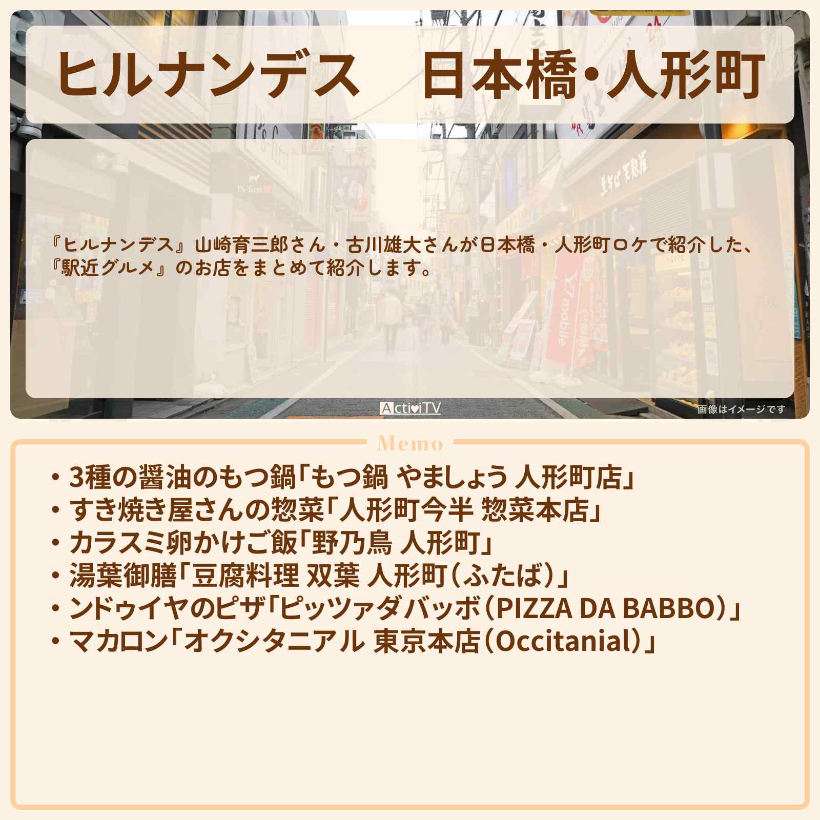 【ヒルナンデス】日本橋・人形町『駅近グルメ』のお店・ロケ地まとめ〔山崎育三郎・古川雄大〕