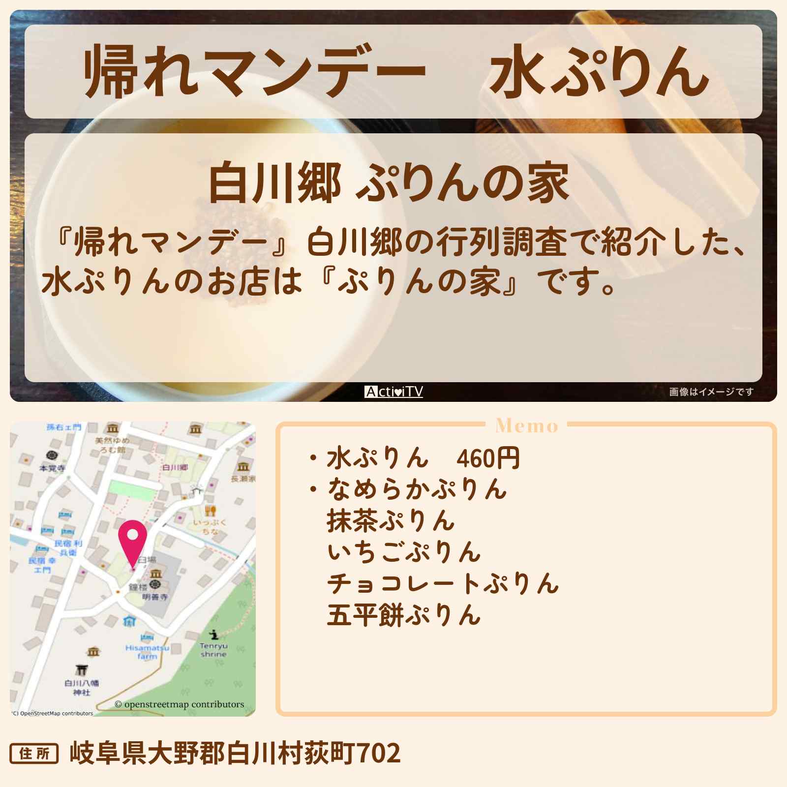 【帰れマンデー】水ぷりん 白川郷で行列『ぷりんの家』のお店の場所