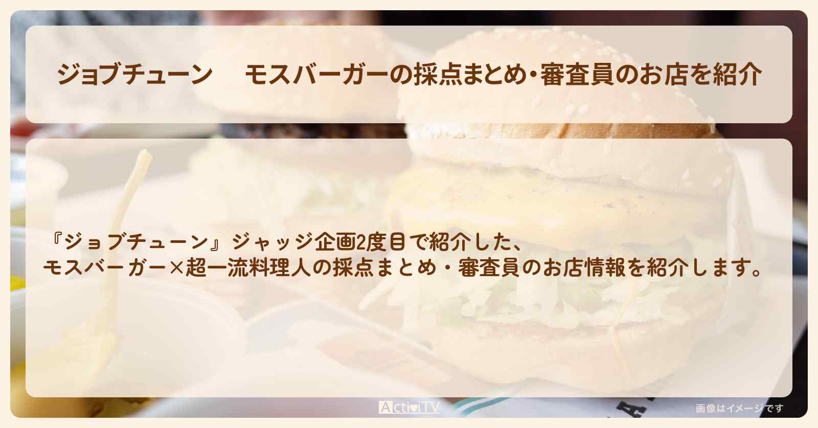 【 】モスバーガーの採点まとめ・審査員のお店を紹介『メニュートップ10を超一流料理人が採点』2025/2/15放送