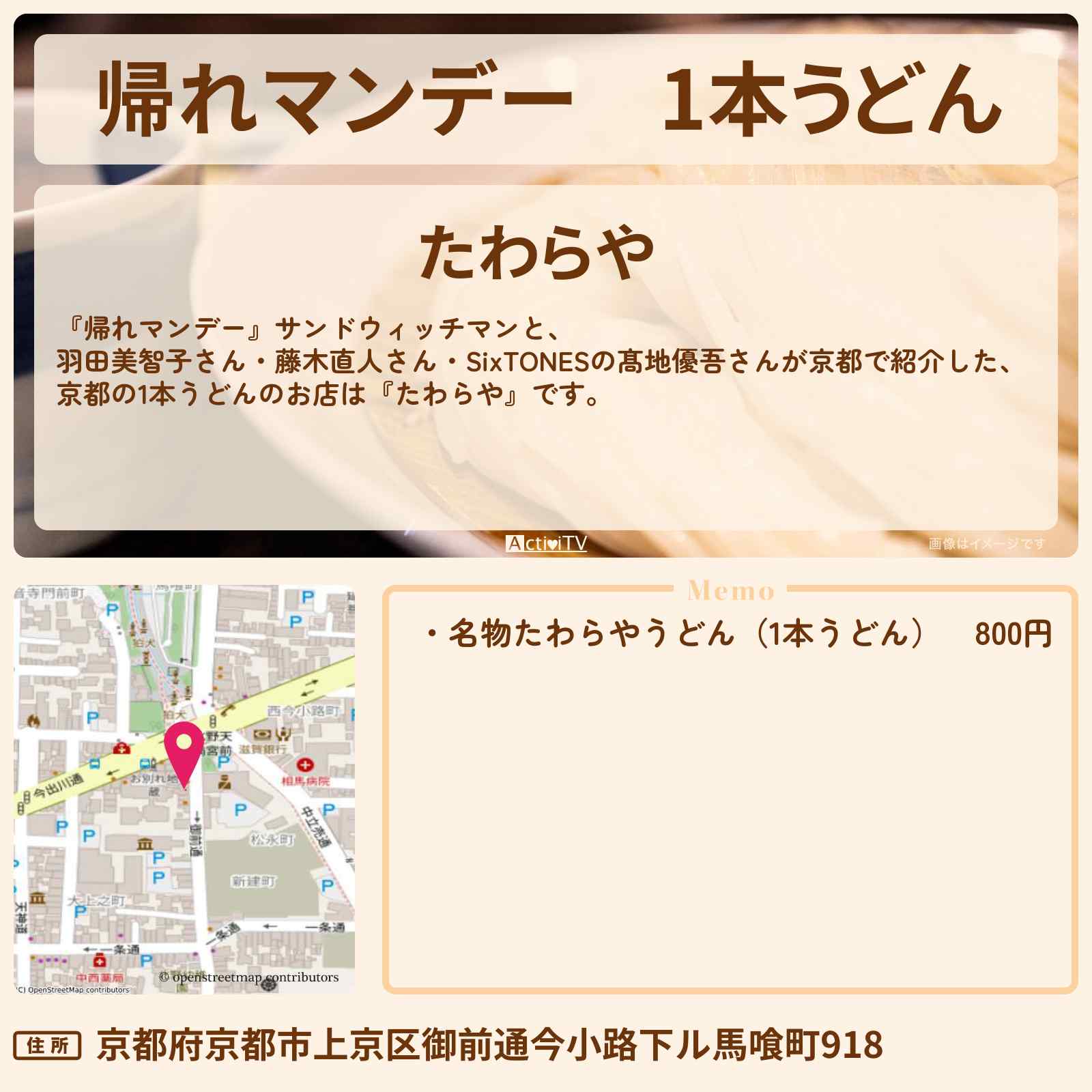 【帰れマンデー】1本うどん 京都『たわらや』のお店の場所〔藤木直人・髙地優吾〕