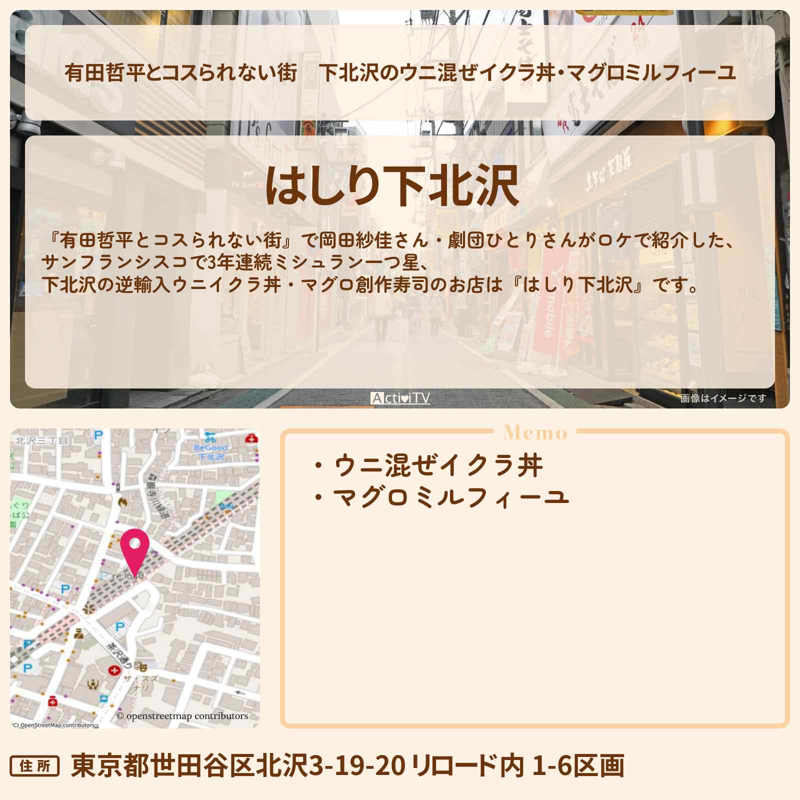 【有田哲平とコスられない街】下北沢のウニ混ぜイクラ丼・マグロミルフィーユ『はしり下北沢』お店の情報〔岡田紗佳・劇団ひとり〕