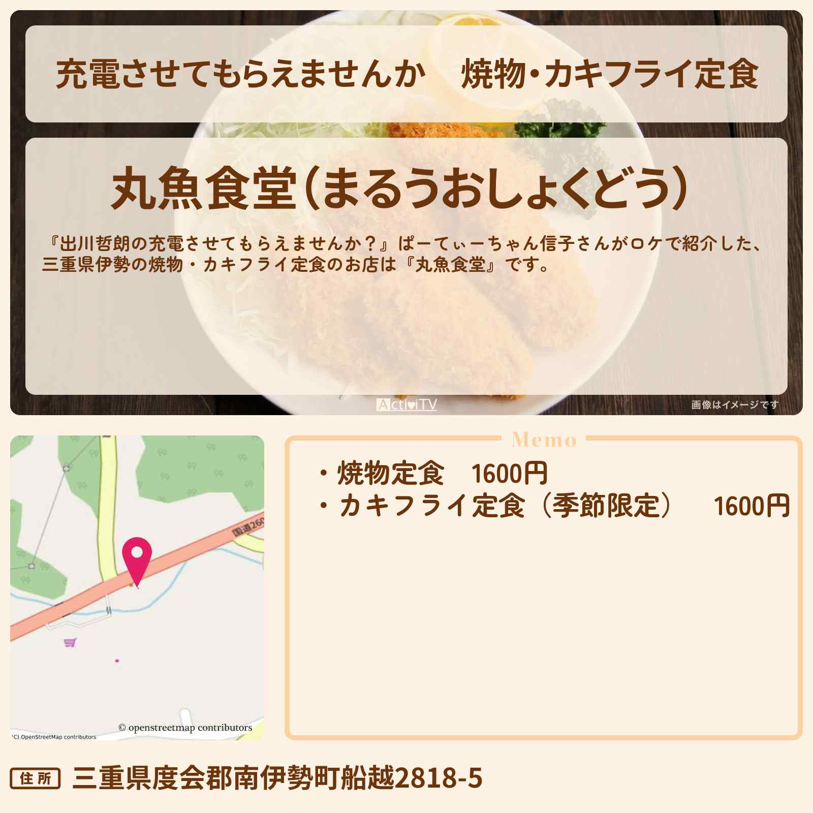 【充電させてもらえませんか】焼物・カキフライ定食『丸魚食堂(三重県伊勢)』・志摩のお店の場所〔ぱーてぃーちゃん信子〕
