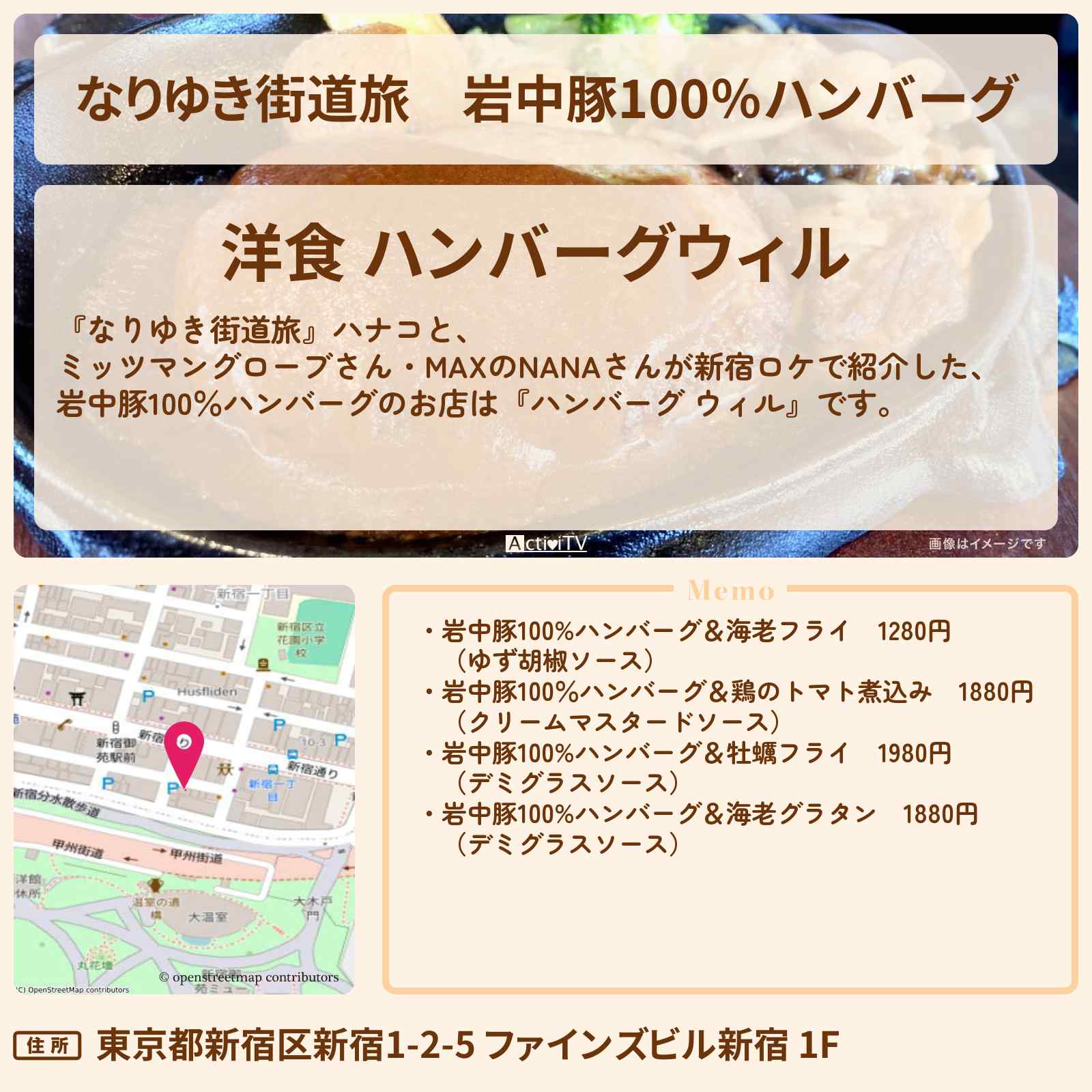 【なりゆき街道旅】岩中豚100%ハンバーグ『ハンバーグ ウィル(新宿)』のお店を紹介〔ミッツマングローブ・MAX・NANA〕
