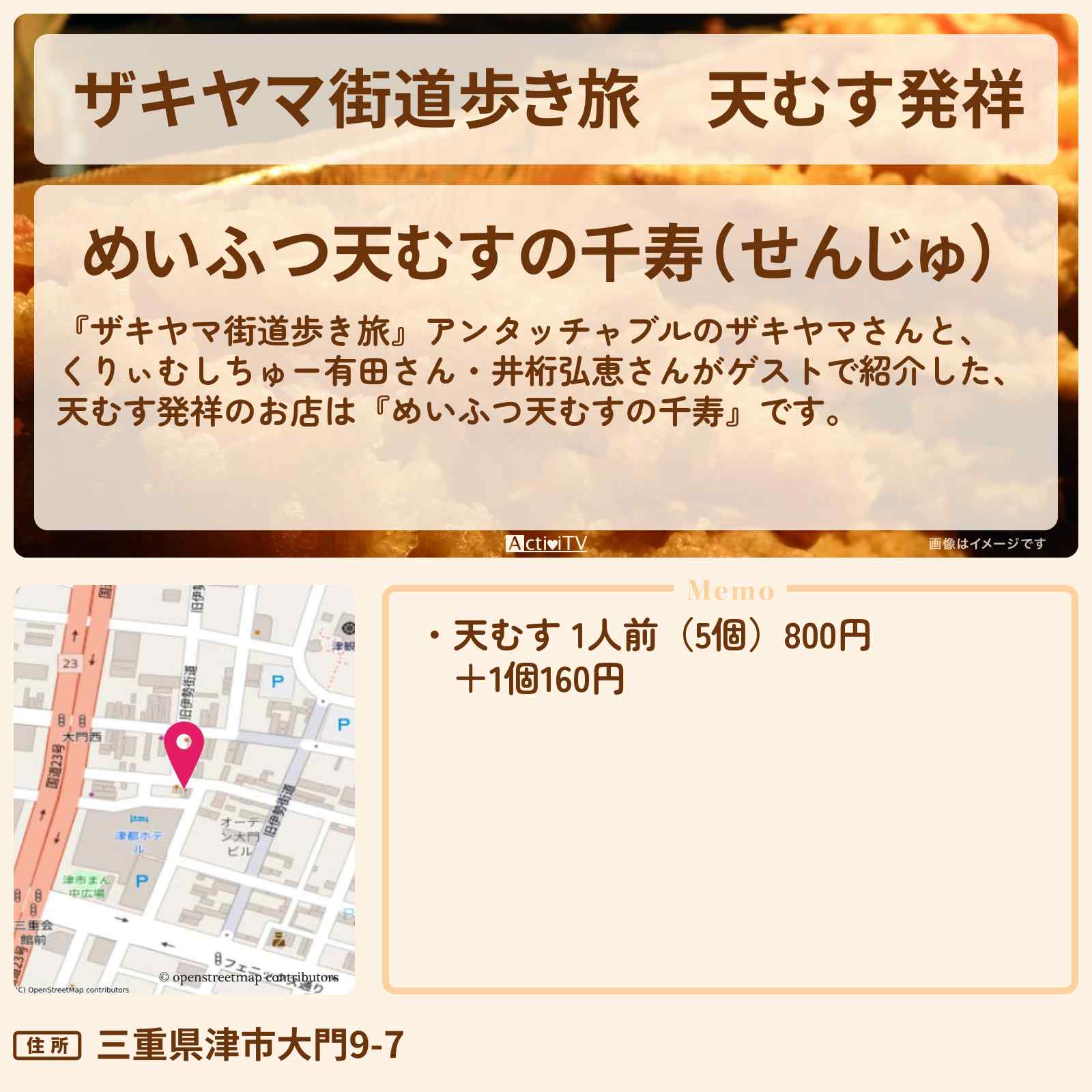 【ザキヤマ街道歩き旅】天むす発祥『めいふつ天むすの千寿』三重県津市のお店の場所