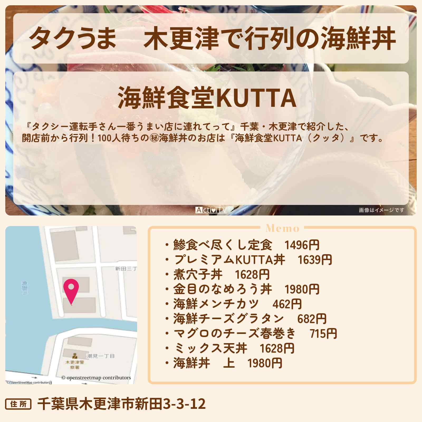 【タクうま】木更津で行列の海鮮丼『海鮮食堂KUTTA』クッタ丼のお店の場所〔タクシー運転手さん一番うまい店に連れてって〕