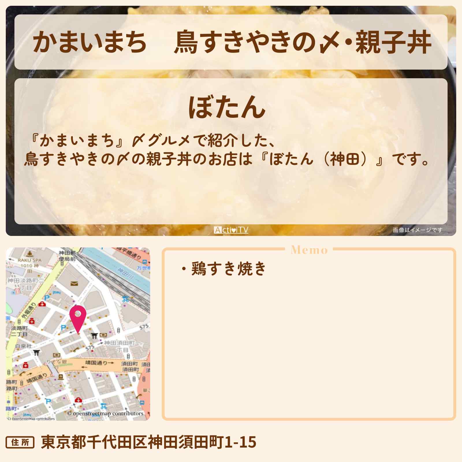 【かまいまち】鳥すきやきの〆・親子丼『ぼたん(神田)』のお店の場所