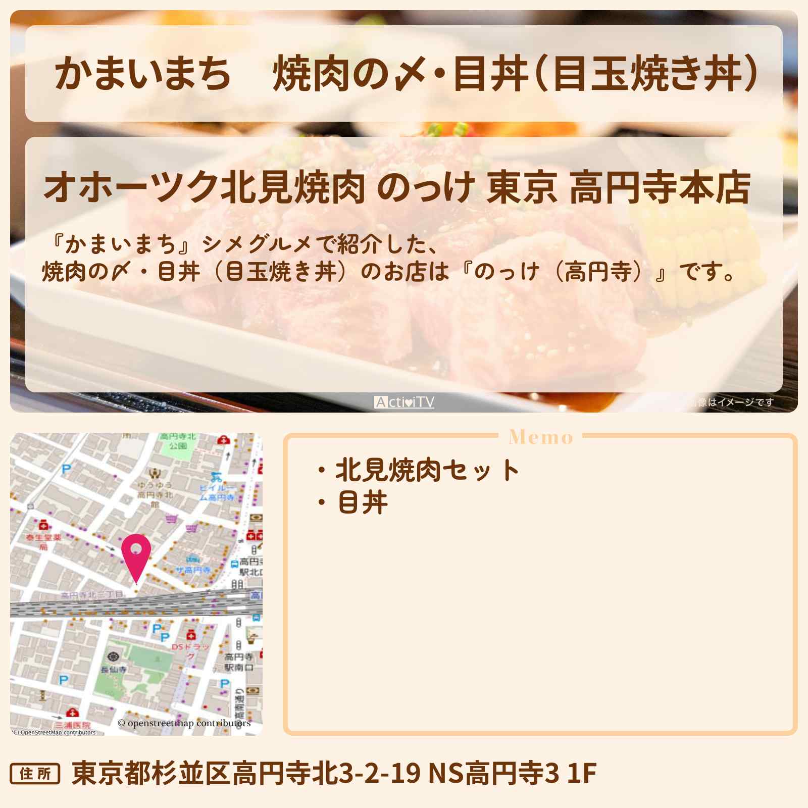 【かまいまち】焼肉の〆・目丼(目玉焼き丼)『のっけ(高円寺)』のお店の場所