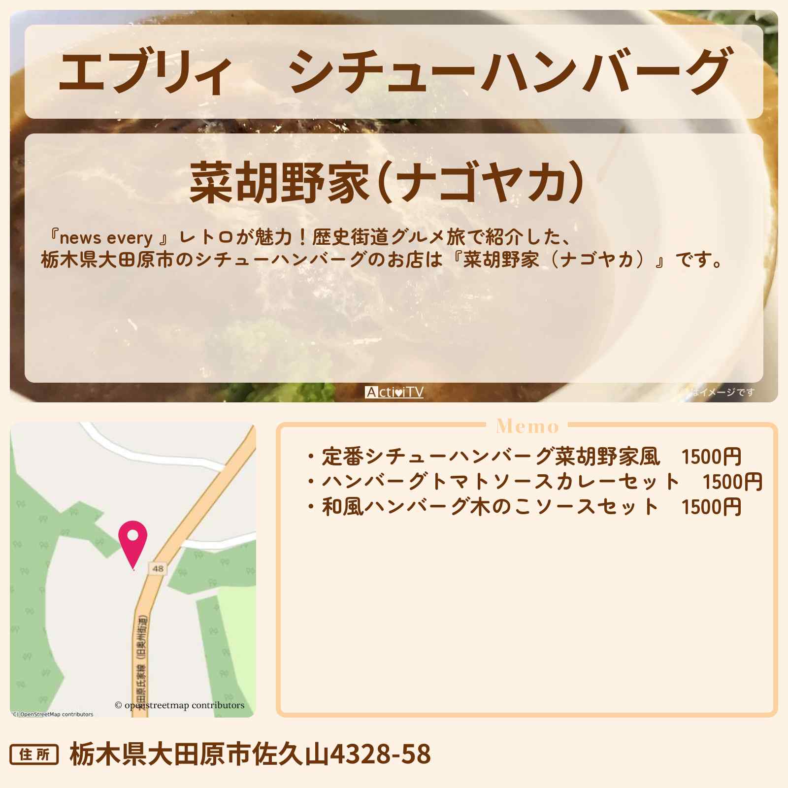 【エブリィ】シチューハンバーグ『菜胡野家(ナゴヤカ)』栃木県大田原市の旧奥州街道沿いのお店情報 #every