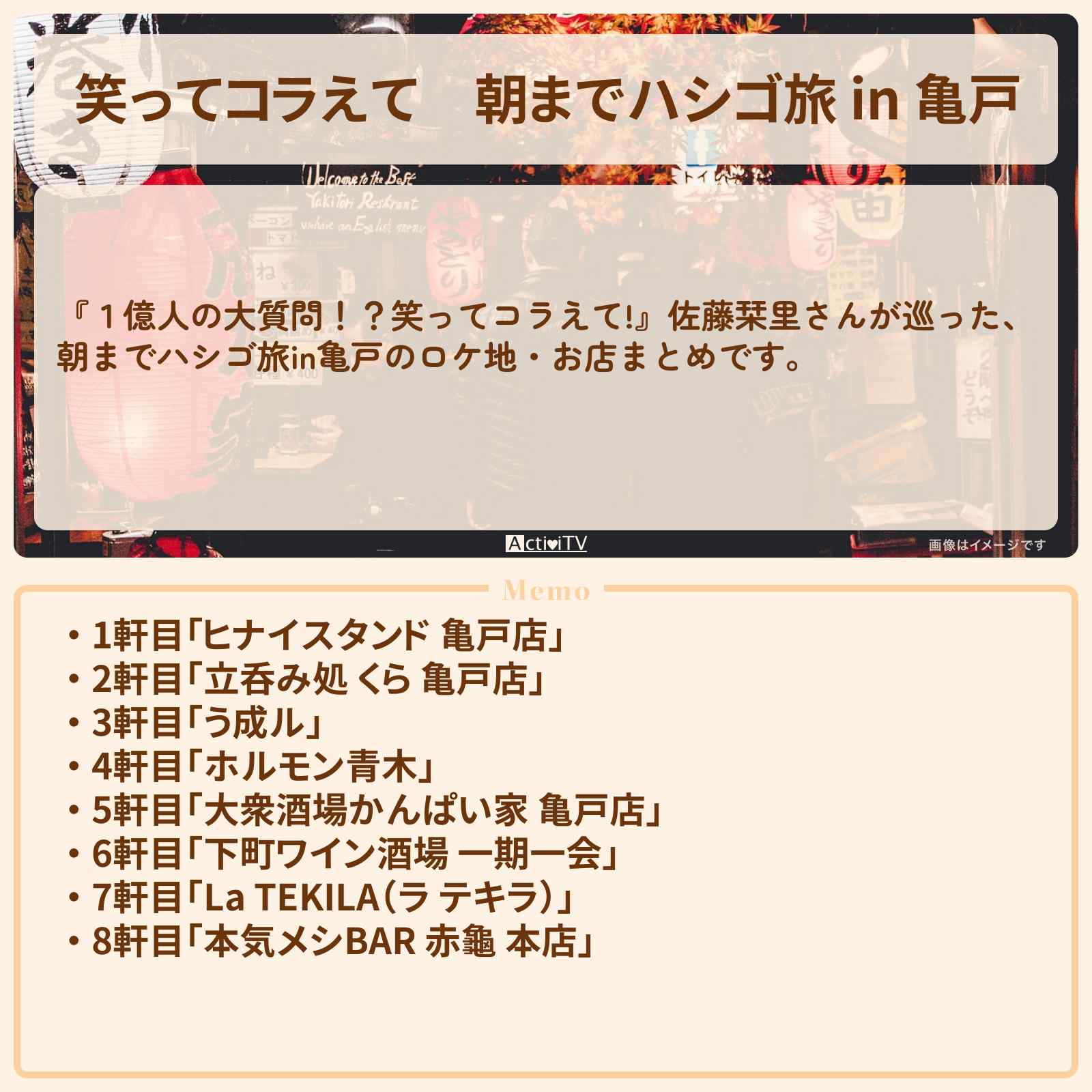 【笑ってコラえて】朝までハシゴ旅 in 亀戸 佐藤栞里がロケをした居酒屋のロケ地まとめ