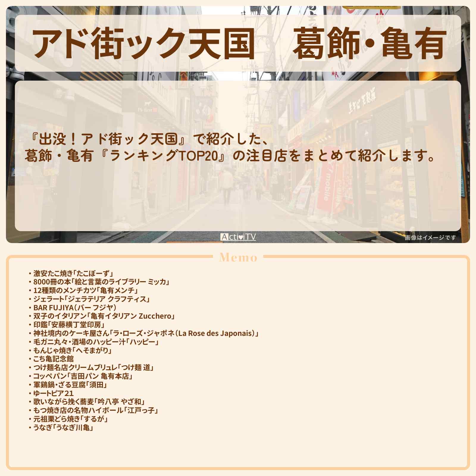 【アド街ック天国】葛飾・亀有『ランキングTOP20』で注目のお店まとめ