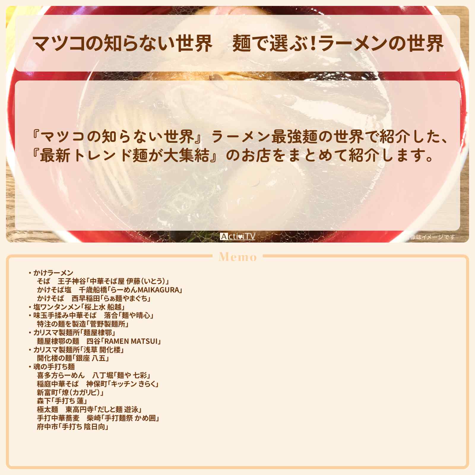 【マツコの知らない世界】『麺で選ぶ!ラーメンの世界』のまとめ・お店情報