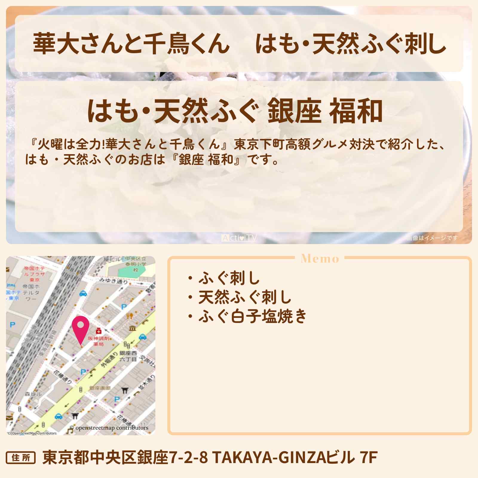 【華大さんと千鳥くん】はも・天然ふぐ刺し『銀座 福和』東京下町高額グルメのお店の場所