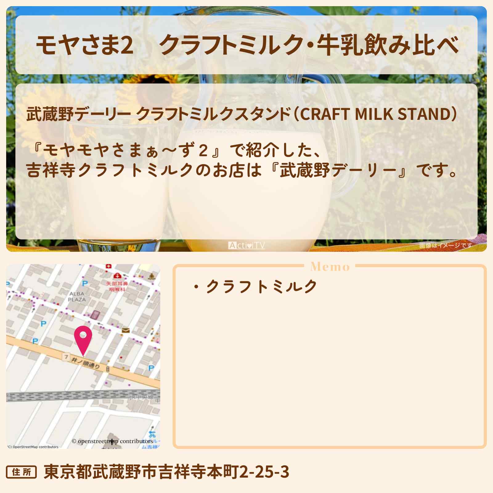 【モヤさま2】クラフトミルク・牛乳飲み比べ『武蔵野デーリー』吉祥寺のお店・ロケ地〔モヤモヤさまぁ〜ず2〕