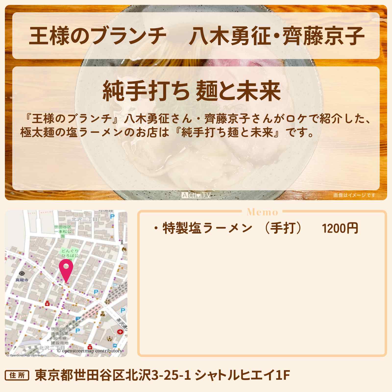 【王様のブランチ】八木勇征・齊藤京子 極太麺の塩ラーメン『純手打ち麺と未来』ロケ地のお店の場所 〔買い物の達人〕