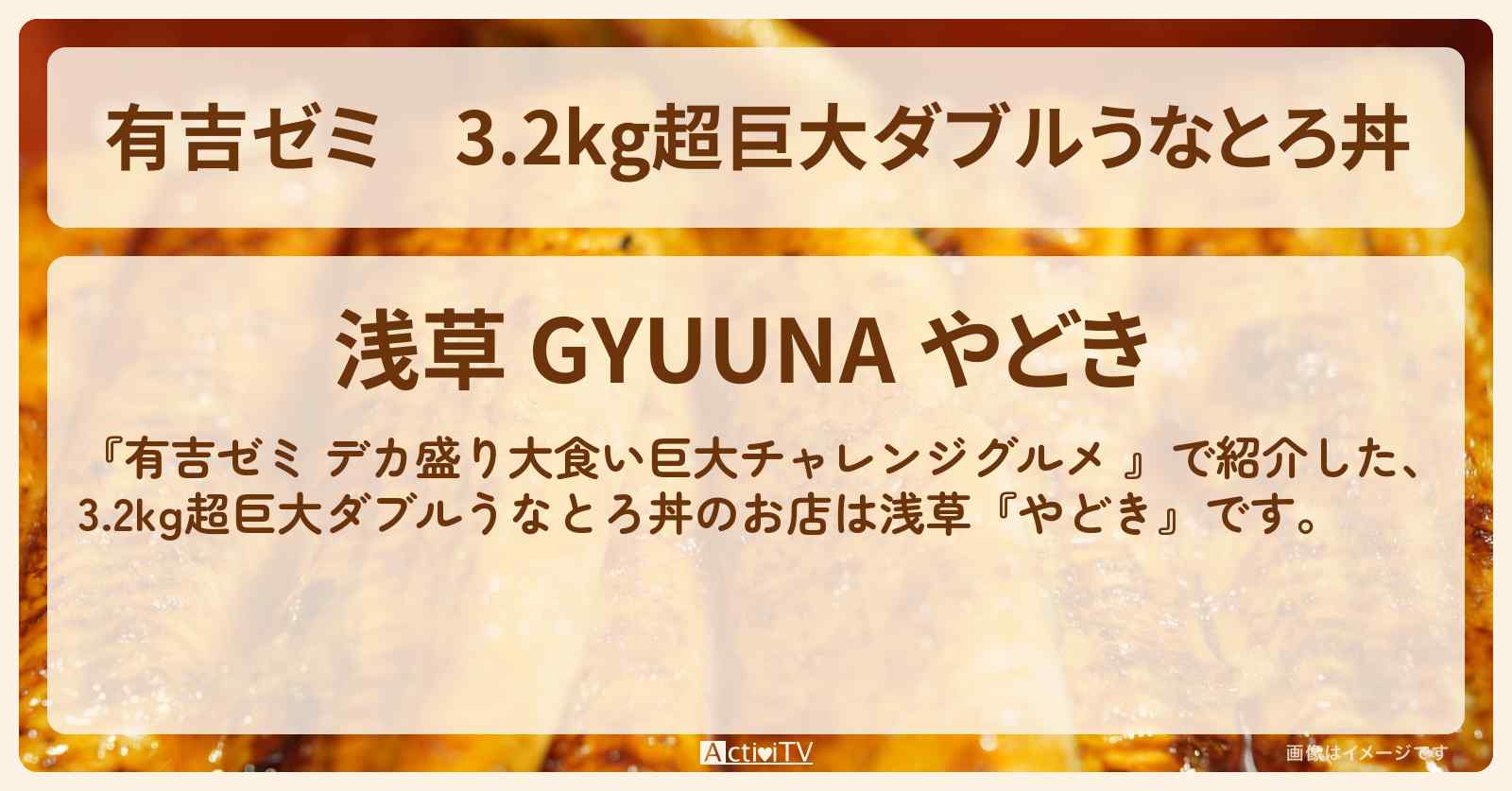 3.2kg超巨大ダブルうなとろ丼『やどき』浅草のお店の場所「ギャル曽根 vs チャレンジグルメ」2025/7/14放送